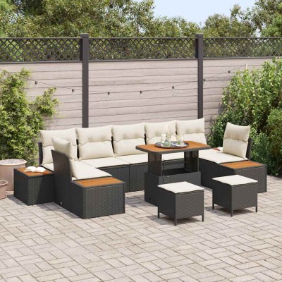 Conjunto de sofá de jardín con cojín 10 pcs Negro Poliratán