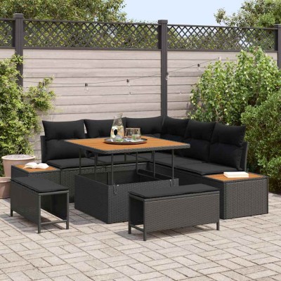 Conjunto de sofá de jardín con cojín 8 pcs Negro Poliratán