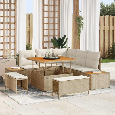 Conjunto de sofá de jardín con cojín 8 pcs Beige Poliratán