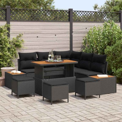 Conjunto de sofá de jardín con cojín 9 pcs Negro Poliratán