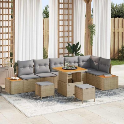 Conjunto de sofá de jardín con cojín 9 pcs Beige Poliratán