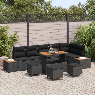 Conjunto de sofá de jardín con cojín 10 pcs Negro Poliratán