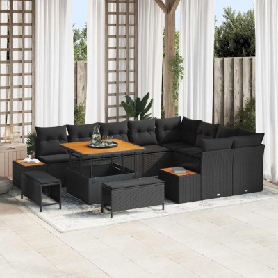 Conjunto de sofá de jardín con cojín 12 pcs Negro Poliratán