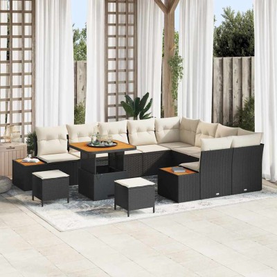 Conjunto de sofá de jardín con cojín 12 pcs Negro Poliratán