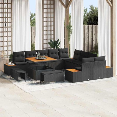 Conjunto de sofá de jardín con cojín 13 pcs Negro Poliratán