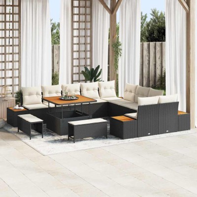 Conjunto de sofá de jardín con cojín 13 pcs Negro Poliratán