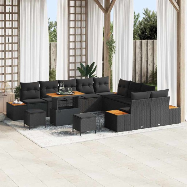 Conjunto de sofá de jardín con cojín 13 pcs Negro Poliratán