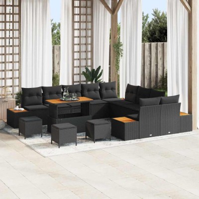 Conjunto de sofá de jardín con cojín 14 pcs Negro Poliratán