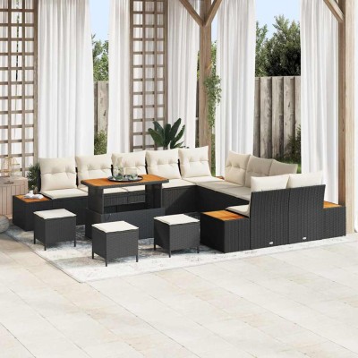 Conjunto de sofá de jardín con cojín 14 pcs Negro Poliratán
