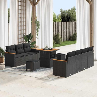 Conjunto de sofá de jardín con cojín 10 pcs Negro Poliratán