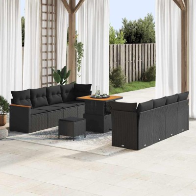 Conjunto de sofá de jardín con cojín 11 pcs Negro Poliratán
