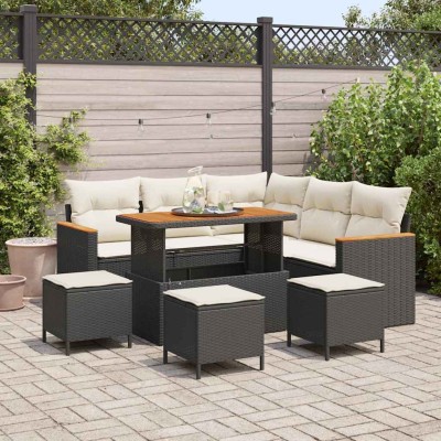 Conjunto de sofá de jardín con cojín 9 pcs Negro Poliratán