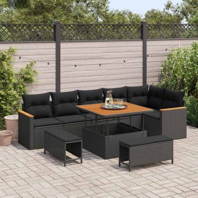 Conjunto de sofá de jardín con cojín 9 pcs Negro Poliratán