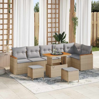 Conjunto de sofá de jardín con cojín 9 pcs Beige Poliratán