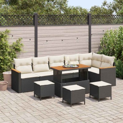 Conjunto de sofá de jardín con cojín 10 pcs Negro Poliratán