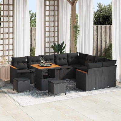 Conjunto de sofá de jardín con cojín 12 pcs Negro Poliratán