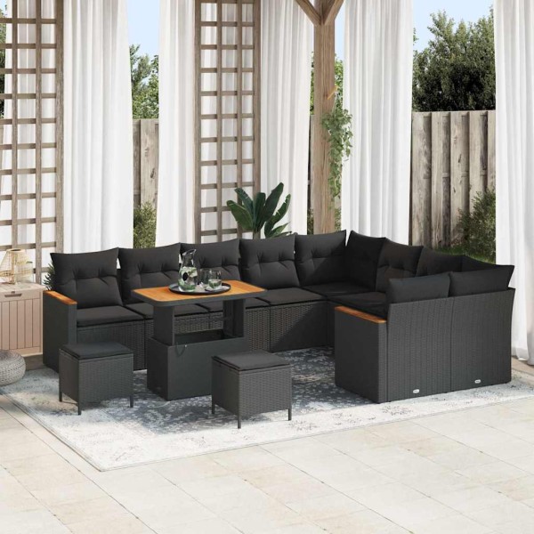 Conjunto de sofá de jardín con cojín 12 pcs Negro Poliratán
