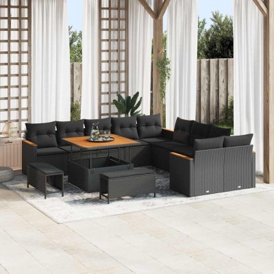 Conjunto de sofá de jardín con cojín 13 pcs Negro Poliratán