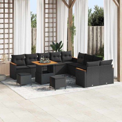 Conjunto de sofá de jardín con cojín 13 pcs Negro Poliratán