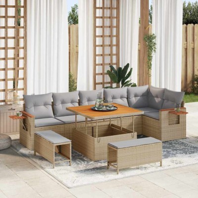 Conjunto de sofá de jardín con cojín 9 pcs beige y gris claro