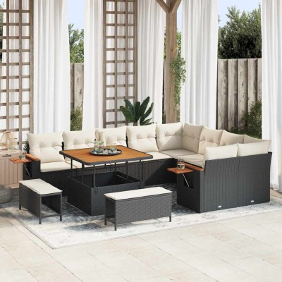 Conjunto de sofá de jardín con cojín 12 pcs Negro y crema