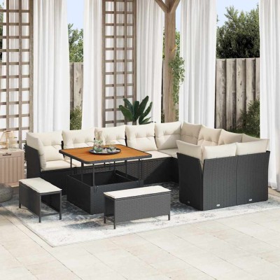 Conjunto de sofá de jardín con cojín 12 pcs Negro y crema