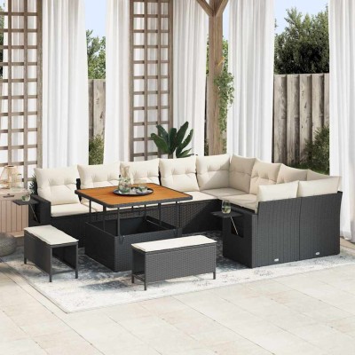 Conjunto de sofá de jardín con cojín 12 pcs Negro y crema