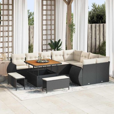 Conjunto de sofá de jardín con cojín 12 pcs Negro y crema