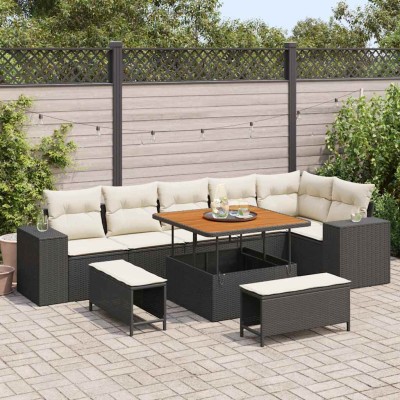 Conjunto de sofá de jardín con cojín 9 pcs Negro y crema