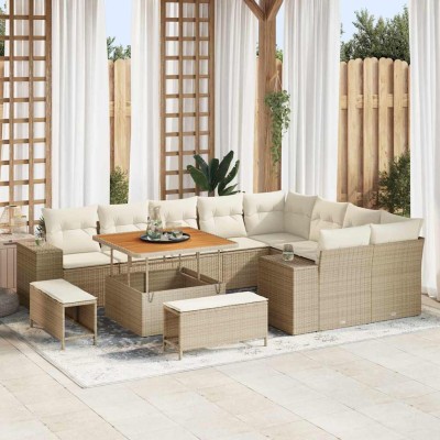 Conjunto de sofá de jardín con cojín 12 pcs Beige y Crema