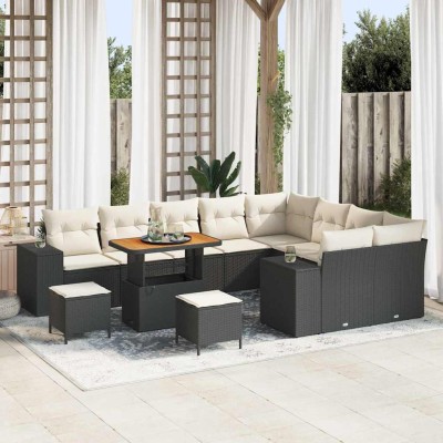 Conjunto de sofá de jardín 12 pcs Negro y crema 90 x 55 x 71 cm