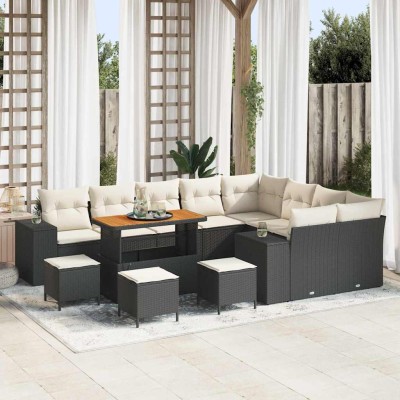 Conjunto de sofá de jardín con cojín 13 pcs Negro y crema