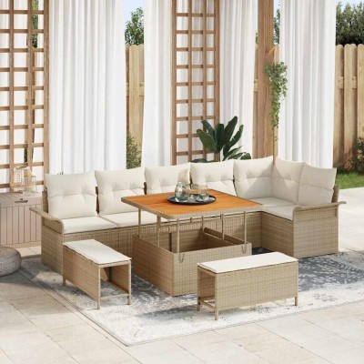 Conjunto de sofá de jardín con cojín 9 pcs Beige y Crema