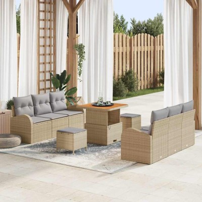 Conjunto de sofá de jardín con cojín 9 pcs Beige y Gris Claro