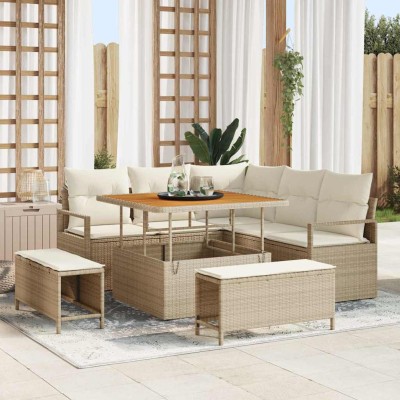 Conjunto de sofá de jardín con cojín 8 pcs Beige y Crema