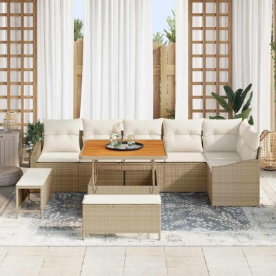 Conjunto de sofá de jardín con cojín 9 pcs Beige y Crema