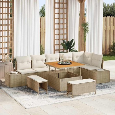 Conjunto de sofá de jardín con cojín 9 pcs Beige y Crema