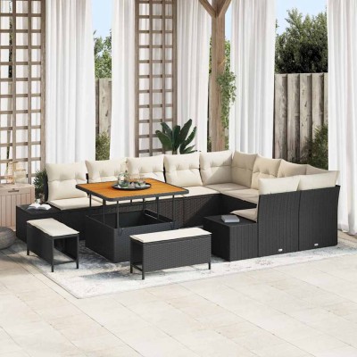 Conjunto de sofá de jardín con cojín 12 pcs Negro y crema