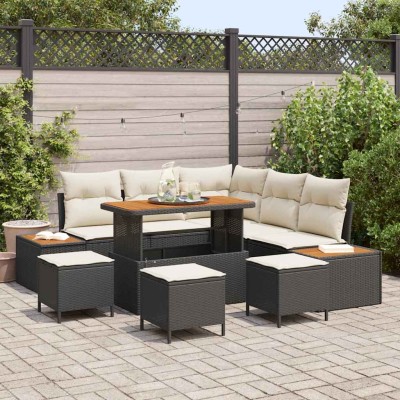 Conjunto de sofá de jardín con cojín 9 pcs Negro Poliratán