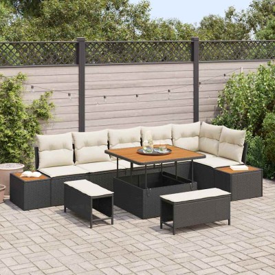 Conjunto de sofá de jardín con cojín 9 pcs Negro Poliratán