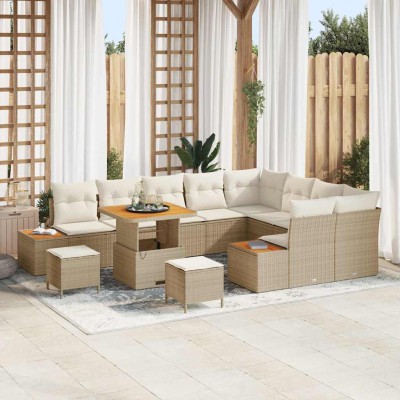 Conjunto de sofá de jardín con cojín 12 pcs Beige Poliratán