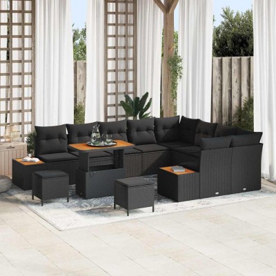 Conjunto de sofá de jardín con cojín 12 pcs Negro Poliratán