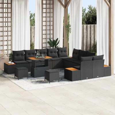 Conjunto de sofá de jardín con cojín 13 pcs Negro Poliratán