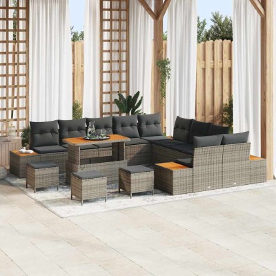 Conjunto de sofá de jardín con cojín 14 pcs Gris Poliratán