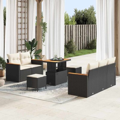 Conjunto de sofá de jardín con cojín 8 pcs Negro Poliratán