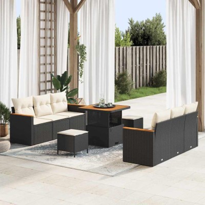 Conjunto de sofá de jardín con cojín 9 pcs Negro Poliratán