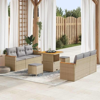 Conjunto de sofá de jardín con cojín 9 pcs Beige Poliratán