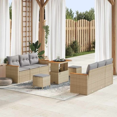 Conjunto de sofá de jardín con cojín 9 pcs Beige Poliratán