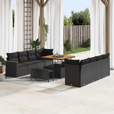 Conjunto de sofá de jardín con cojín 11 pcs Negro Poliratán