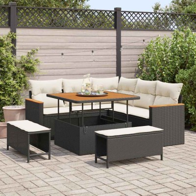 Conjunto de sofá de jardín con cojín 8 pcs Negro Poliratán